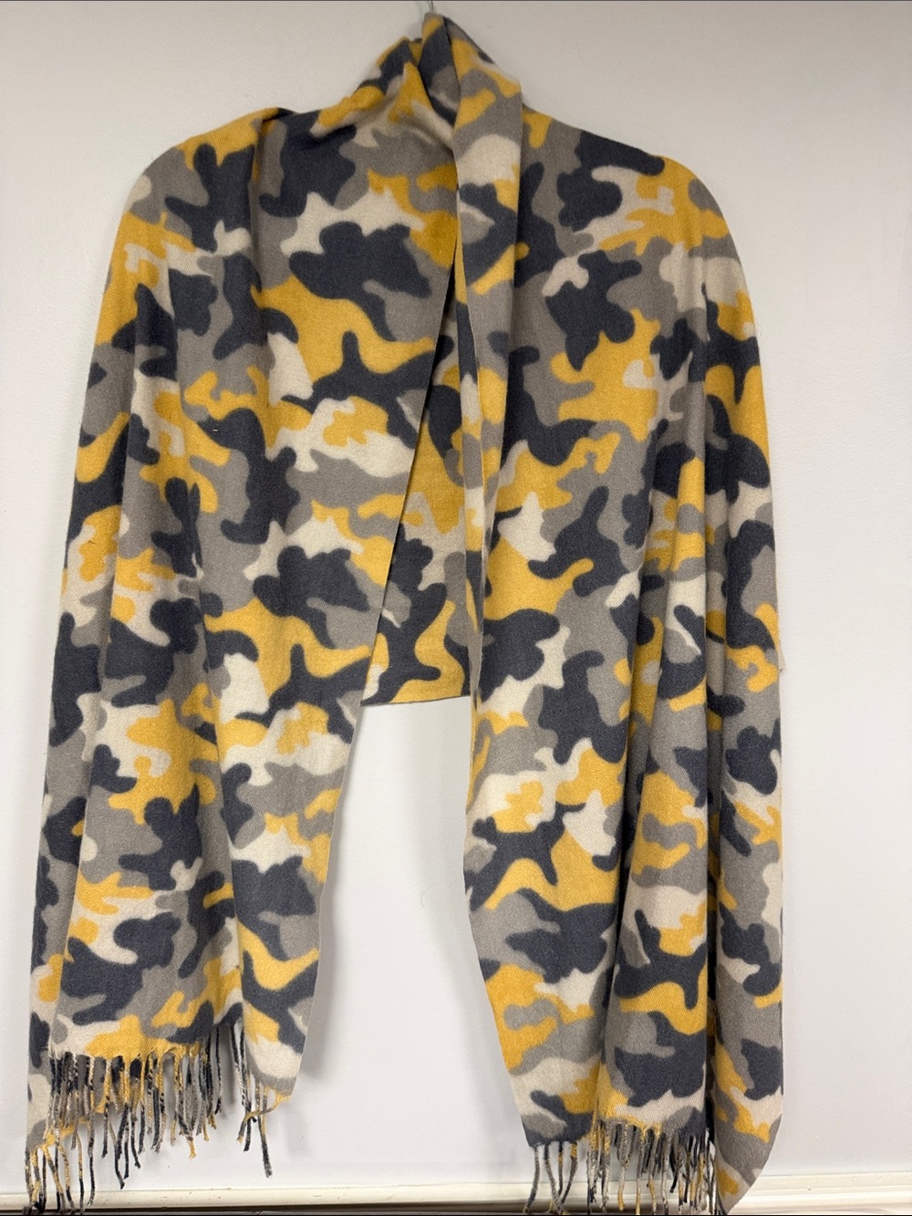 yellow, light & dark grey Large soft fringed camouflage scarf / wrap Like New